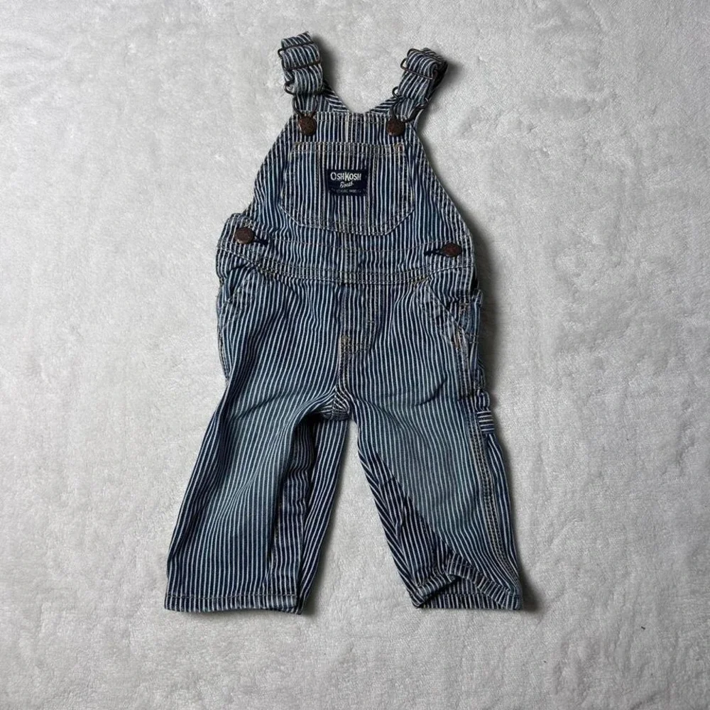 Vintage OshKosh B'Gosh Vestbak Overalls Blue Stripes Denim 6 mos Train Conductor